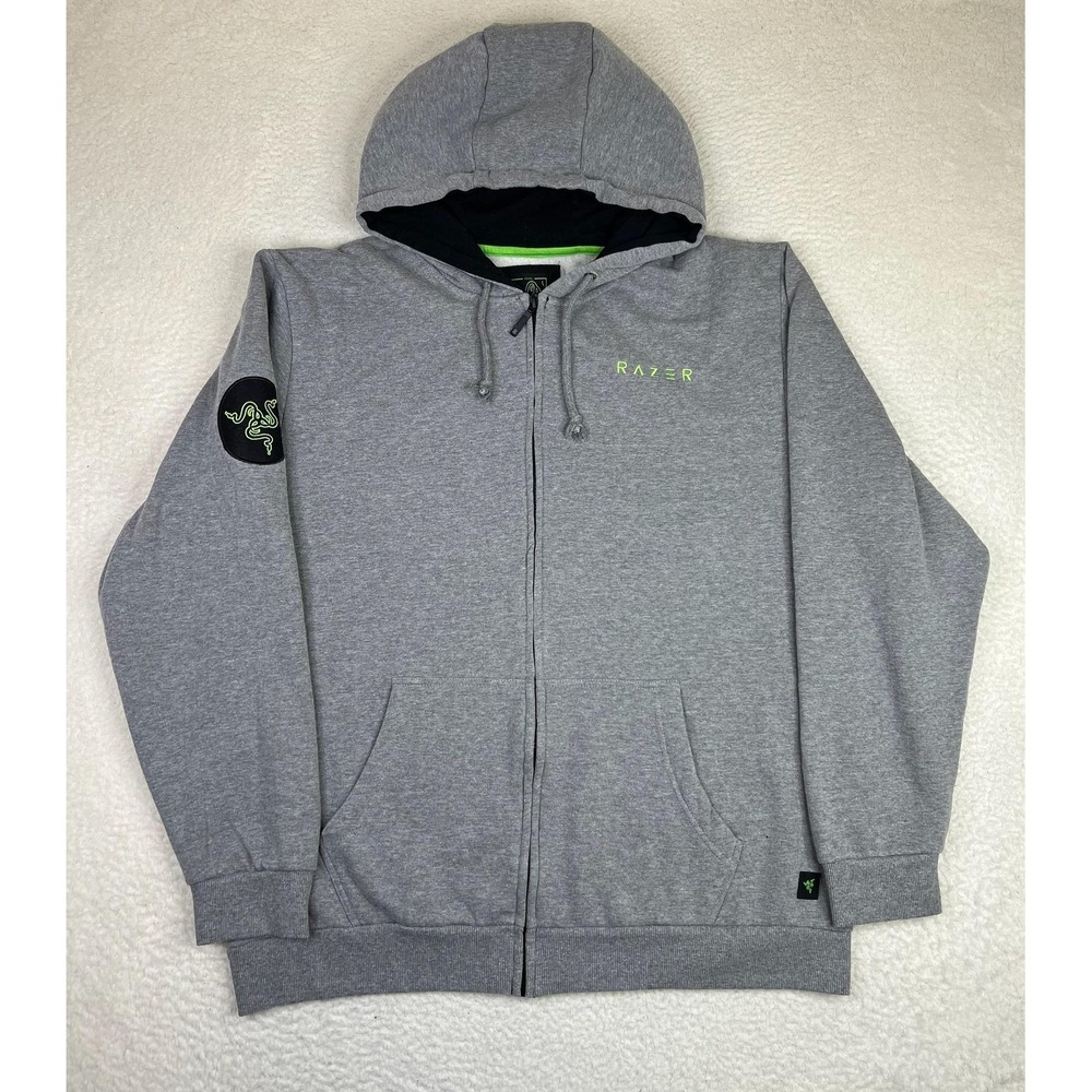 Razer Hoodie Mens 3XL Gray Full Zip Fleece Sweatshirt Gaming Logo Geek
